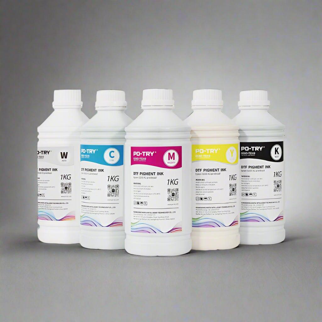 PO-TRY ECO Friendly DTF CYMKW Pigment Ink Set | DTF Supplies - PO-TRY Inc.